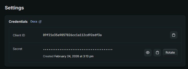 Settings page showing Client ID and Secret